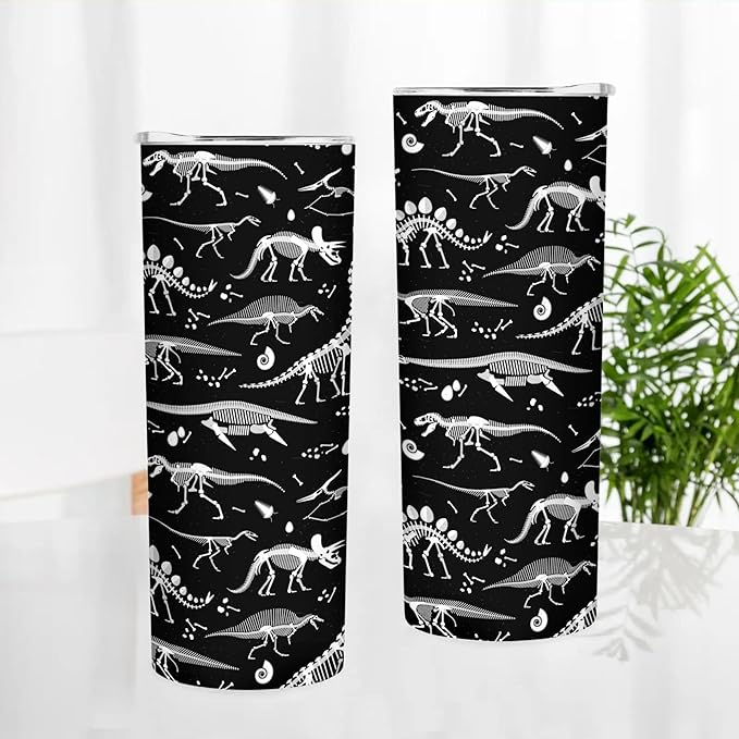 20 oz Insulated Stainless Steel Tumbler Mug, Black and White Dinosaur Skeleton Cup with Lid, Hot and Cold Insulation Presents for Men Women Teens