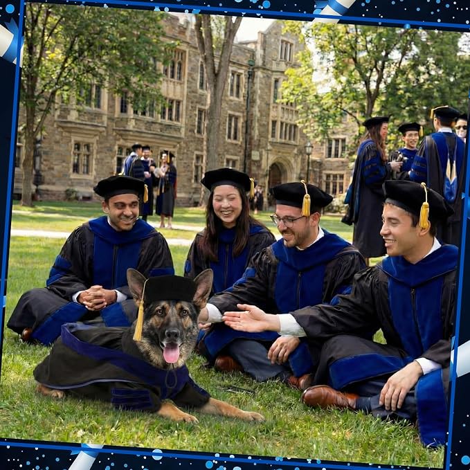 Huhumy 3 Pcs Dog Cat Graduation Doctoral Costume Set, 2026 Pet Phd Graduation Cap and Deluxe Doctoral Gown with Hood Side Tam Puppy Kitty Dogs Grad Holiday Party Costume Accessory(Royal Blue,XL)