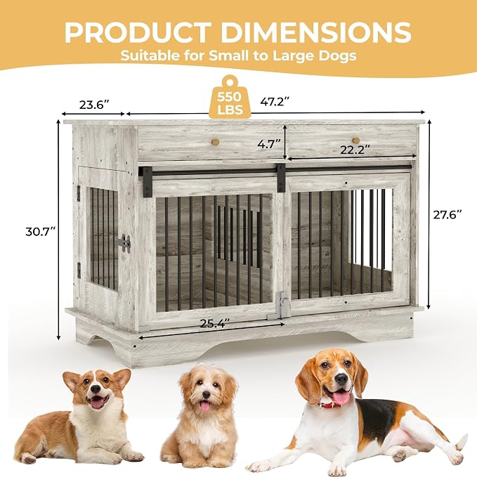 Double Dog Crate Furniture with 2 Drawers, 47" TV Stand Style Kennel with Removable Divider for 2 Large/Medium/Small Dogs, Decorative Side Table Indoor Pet Cage Grey | Removable Divider, Dog Crate for 2 Large/Medium/Small Dogs, Decorative Side Table In...