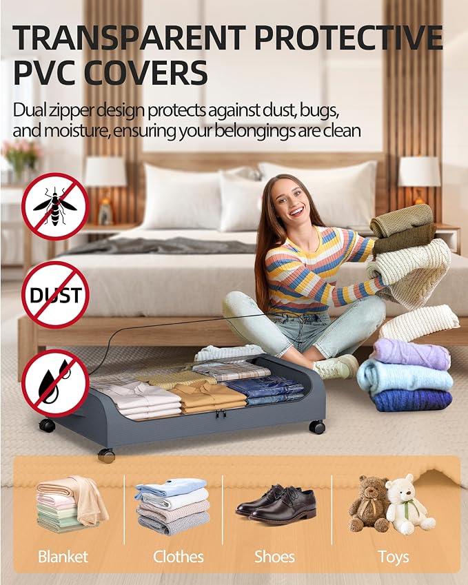 Under Bed Storage with Wheels, 4 Pack Curved Under Bed Storage Containers, 60L Under The Bed Storage Bins, Rolling Under The Bed Storage Metal Drawer for Clothes, Blankets, Shoes-Gray