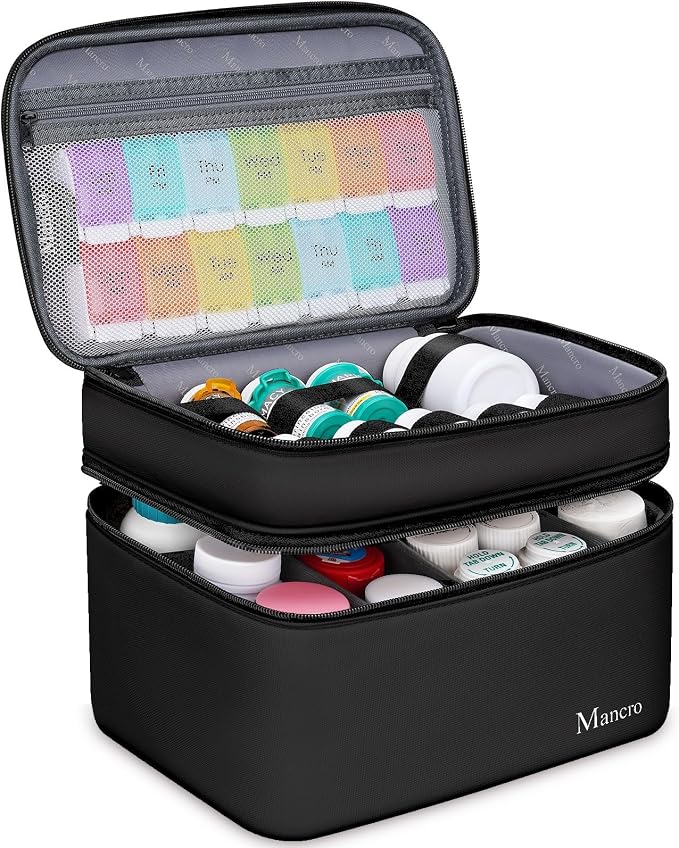 Mancro Dual Layers Medicine Organizer Bag with Lockable Zipper | Pill Bottle Organizer Storage, Medicine Travel Bag for Pill, Vitamin, Medical Supplies for Home Storage, College Medicine Kit