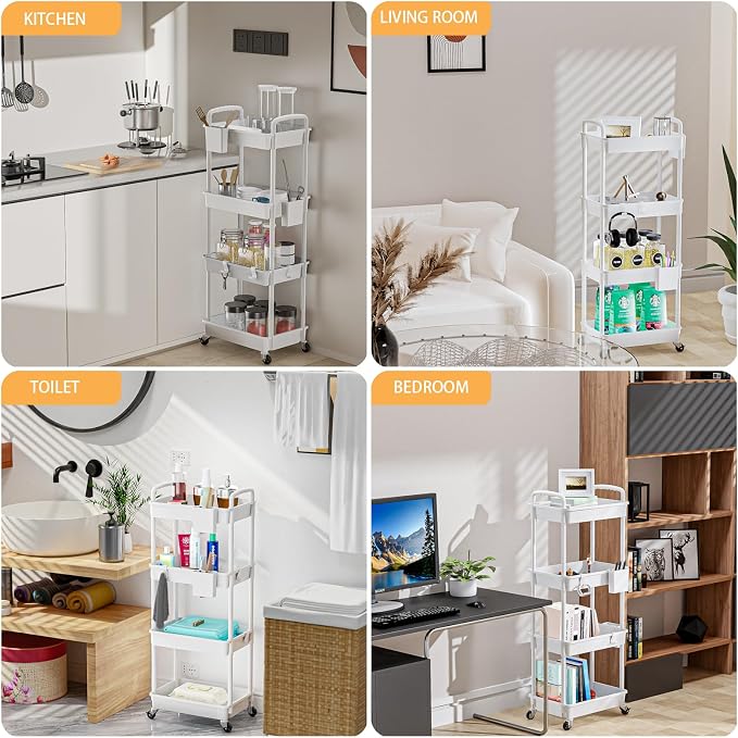 4 Tier Rolling Utility Cart with Handle,REBECAT Utility Cart Made of Multifunctional Storage Organizer Tool for Kitchen,Bathroom,Living Room,Office(White)