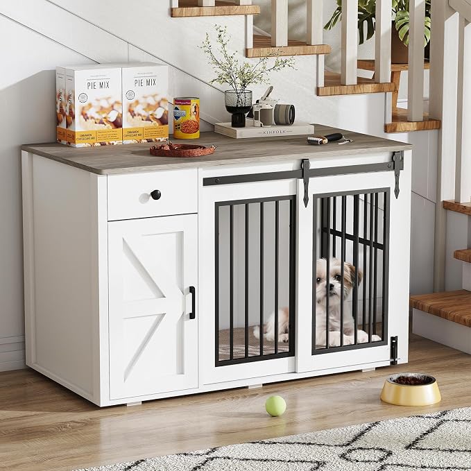 Verano Garden 44" Dog Crate Furniture, Dog Kennel (44" Left Facing Door) | 2-in-1, Lockable, Sliding Door, Removable Divider, Adjustable Shelf, Farmhouse, Heavy Duty, Small Medium Dogs, White