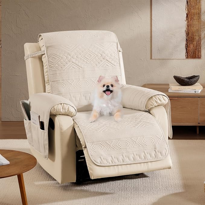 Boho Beige Quilted Recliner Covers, Water-Repellent Recliner Slipcovers, Lazy Boy Chair Covers, Pet Friendly Recliner Cover for Dogs Cats, Washable Furniture Protector (Recliner 22", Beige)