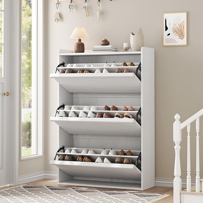 GarveeHome Shoe Cabinet with 3 Flip Drawers, Wooden Shoe Organizer with Adjustable Shelf, Shoe Storage for Entryway, Hidden Shoe Cabinet for Hallway, Living Room, White