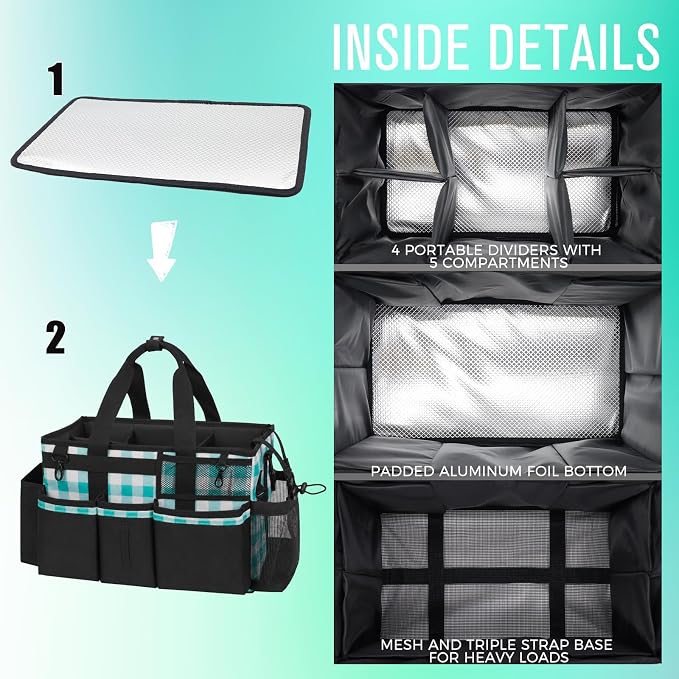 SCAVATA Wearable Cleaning Caddy, Cleaning Caddy Supplies Organizer with Handle & Shoulder Straps for Housekeepers, Under Sink & Car Cleaning Tool Organizers Bag with 4 Foldable Divider (BluePlaid)