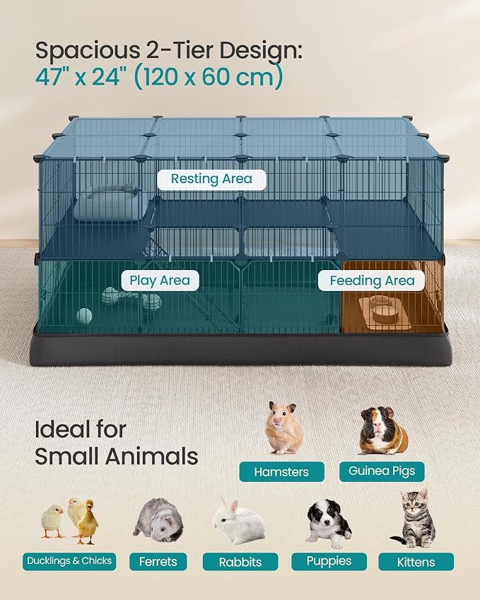 SONGMICS Pet Playpen, 2-Tier Steel Pen with Roof | Indoor Dog Fence, 47.2 x 23.6 x 23.6 Inches, Waterproof Mat, 2 Doors, Ink Black, Damion Collection, ULPI015B101