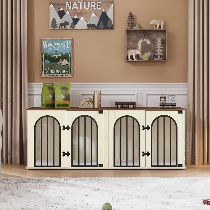 Hzuaneri 63" Double Dog Crate Furniture, Dog Kennel Indoor with Cushion | Heavy Duty Dog Crate Furniture for 2 Dogs,Dog Cage End Table TV Stand with Divider for Med-Large Dogs,White Brown DFC80914BV1