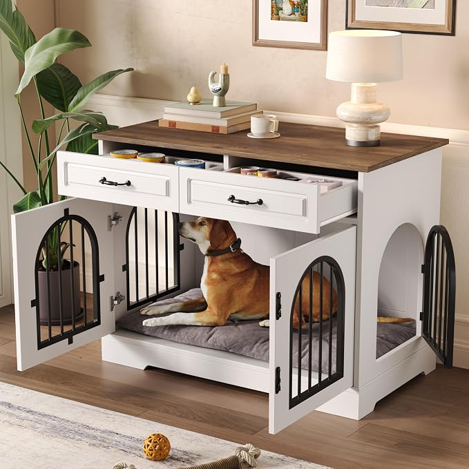 43.3" Dog Crate Furniture for Medium Large Dogs, Heavy Duty Indoor Kennel with Side Doors and 2 Storage Drawers, End Table Dog Cage, MDF & Iron Construction, White & Brown, Sturdy TV Stand Furniture