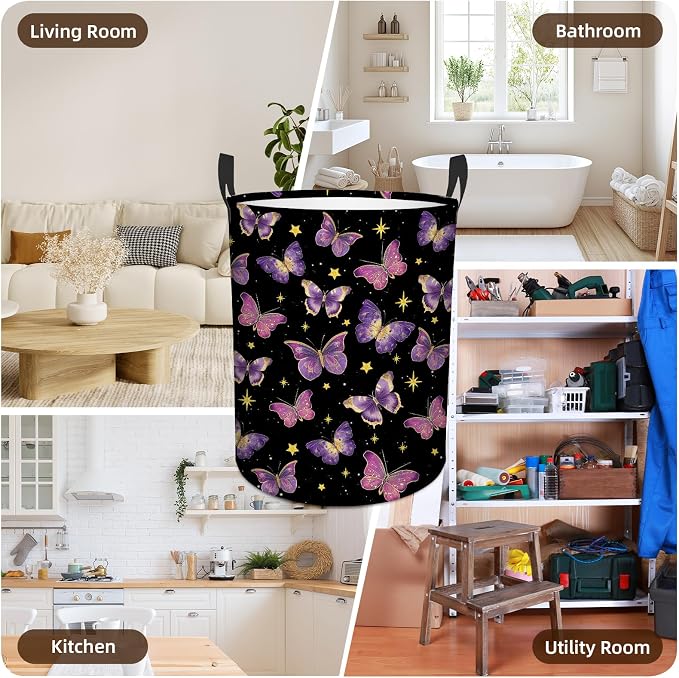 Butterfly Laundry Hamper Girls Boys, Baby Nursery Laundry Basket for Bedroom, Round Collapsible Waterproof Storage Bin with Handles for Toys, Storage Basket for Boy, Butterfly Room Decor, 13.8x17.7in
