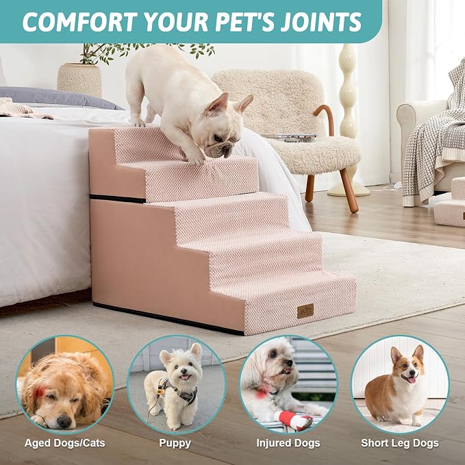 COZY KISS Dog Stairs for Small Dogs, 5 Step Pet Stairs for Beds & Couches | 23.6" Extra Wide Non-Slip Dog Steps with Removable Tiers & Support Board for Puppies, Older Cats & Dogs, Pink
