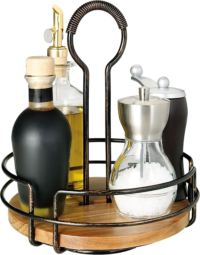 Mikasa Gourmet Basics Hanover Condiment Caddy with Rotating Caddy Organizer Design, Acacia Wood Insert - Durable, BPA-Free, Heavy-Gauge Carbon Structured Steel for Condiment Storage