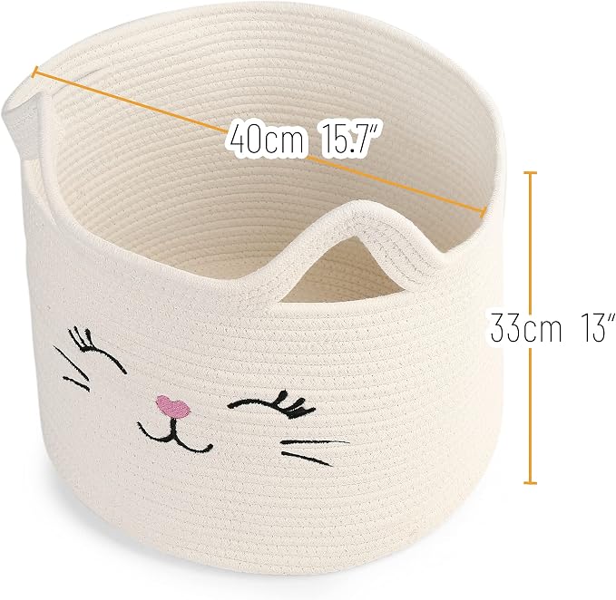 LotFancy Cat Toy Organizer, Cotton Rope Animal Basket with Handle, Cat Toys Storage Bin for Pets, Cute Woven Containers Holder for Playing Room, Kids Bedroom, 15.7x13''(H)