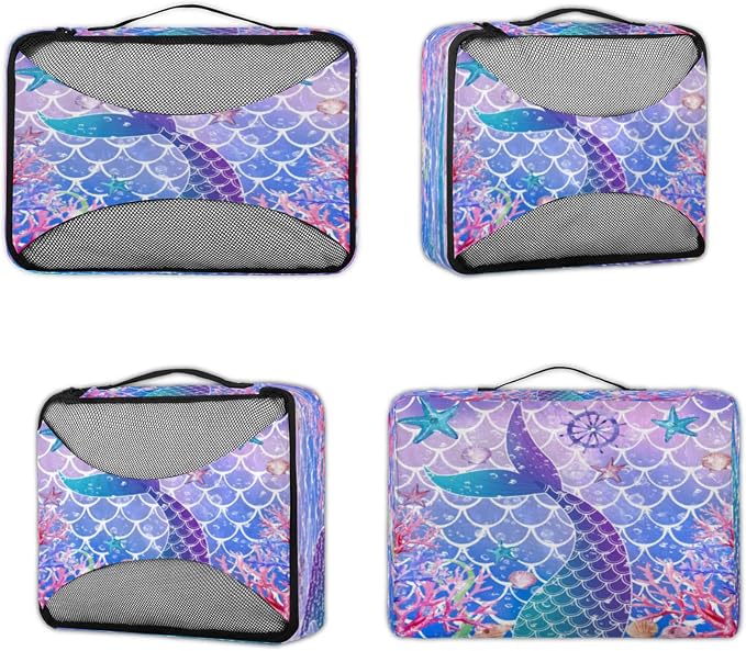 Mermaid Fish Scale Packing Cubes for Travel, Luggage Packing Organizers, Fishtail Travel Accessories Large Toiletries Bag for Clothes Shoes Cosmetics Toiletries
