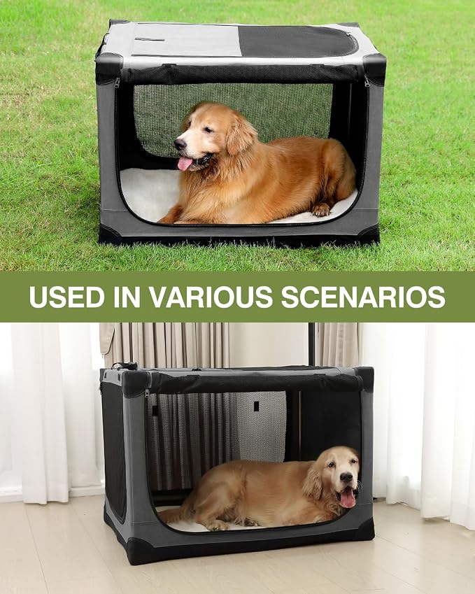 33 x 25 x 25 Inch Collapsible Soft Dog Crate for Dogs Up to 70 lbs, Portable Travel Pet Kennel with 4 Zip Doors, Foldable Indoor Outdoor Crate with Mat, Carry Bag, Grey