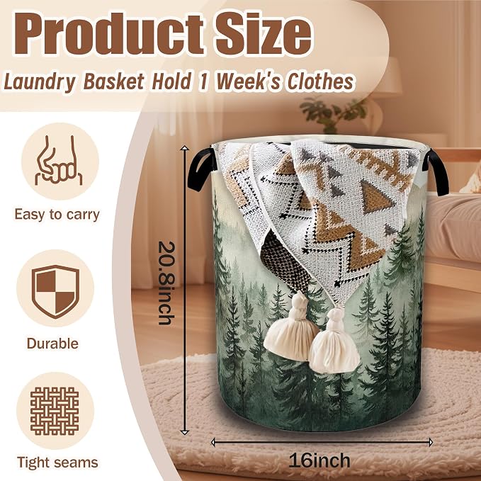 Misty Forest Landscape Laundry Basket,Waterproof Foldable Laundry Hamper,Dirty Clothes Basket, Linen Bin Storage Organizer Collection 16" x 20.8"