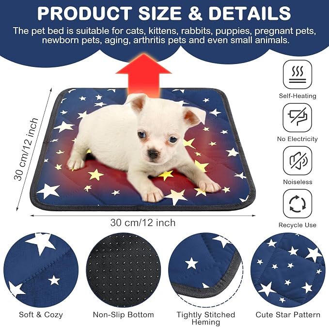 4 Pack Self Warming Cat Bed Self Heating Cat Mat Star Pattern Soft Dog Crate Pad Thermal Pet Mat Anti Slip Kennel Dog Washable Warming Bed for Outdoor Indoor (12 x 12 Inch,Blue)