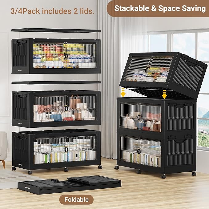 BROVIEW 800QT Extra Large Stackable Storage Bins with Lids, 4Pack Black | 200Gal Plastic Collapsible Cabinets Containers, Wheels & PET Doors, Foldable Closet Organizers Drawers for Office, Dorm