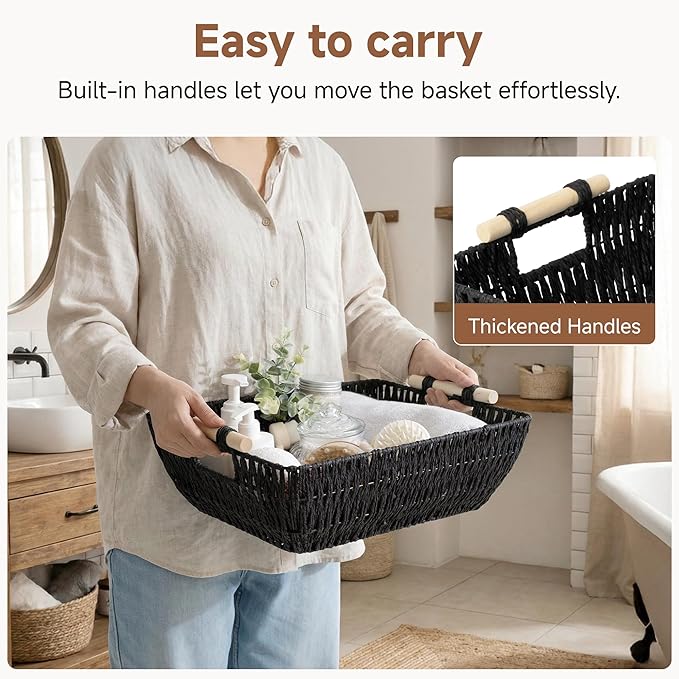 StorageWorks Large Wicker Storage Basket, Paper Rope Storage Baskets, Black | Wicker Storage Baskets for Shelves, Baskets with Wooden Handles, 2-Pack Gifts Basket for Home Decor, Hand-Woven Basket