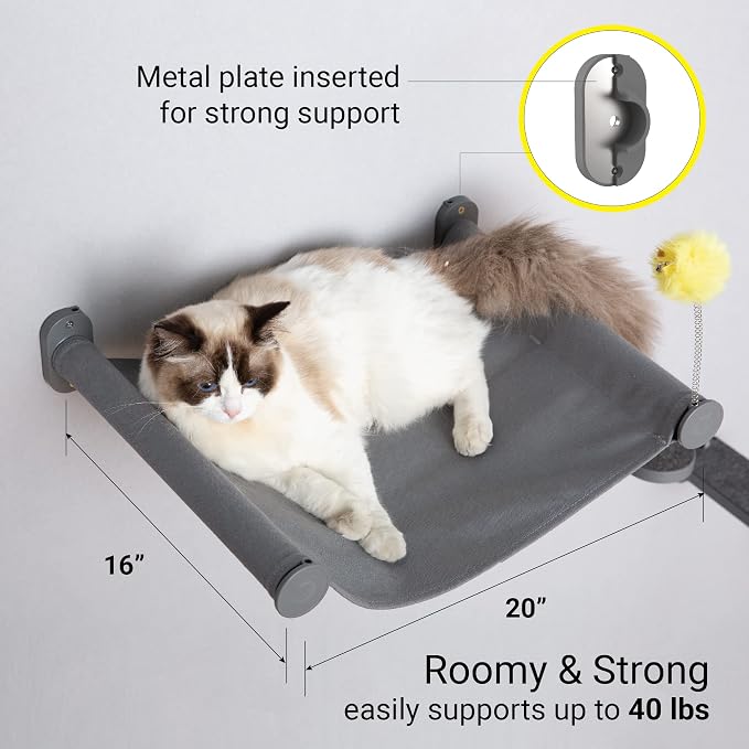 Wall Mounted Cat Hammock with Toy, Easy-to-insall Cat Wall Shelf with Soft Pad on This Premium Kitty Furniture, Modern Design. Easily Supports up to 40 lbs (Easy-Install, Dark Grey)