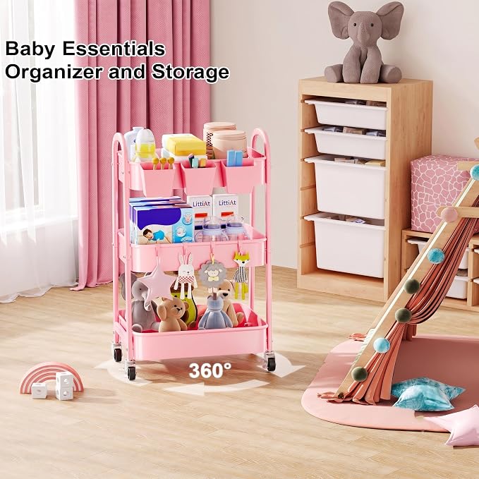 3 Tier Rolling Storage Cart Metal with Wheels, Pink Three Tiered Craft Cart Organizer on Wheels, Utility Carts for Baby Nursery, Diaper Caddy, Art, Book, Snack, Nail, Makeup, Bathroom Supplies, Mesh