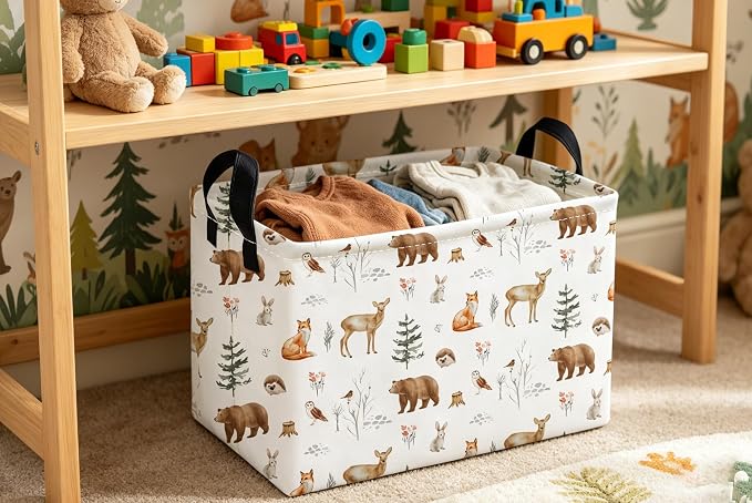 Essme Rectangular Animal Basket,Kids Storage Bins Organizer with Handles for Woodland Room Decor, Gift Basket,Shelf Basket.(Woodland Animal)