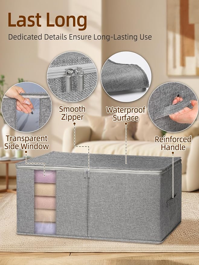 90L Rigid-Structured King Size Comforter Storage Bag, 2 Pack, Gray | Rigid Sides & Bottom, Stackable & Foldable Design, for King Quilts, Bedding, Pillows and Clothes, Closet & Dorm Organization