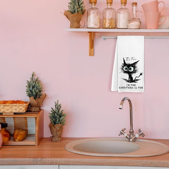 Cat Hand Towels for Bathroom, It's Fine I'm Fine Everything is Fine Funny, Humor, Cat Kitchen Towels, Cat Towels for Cat Lovers Gifts, Black Cat Dish Towels Tea Towels for Kitchen, 16x24 Inch