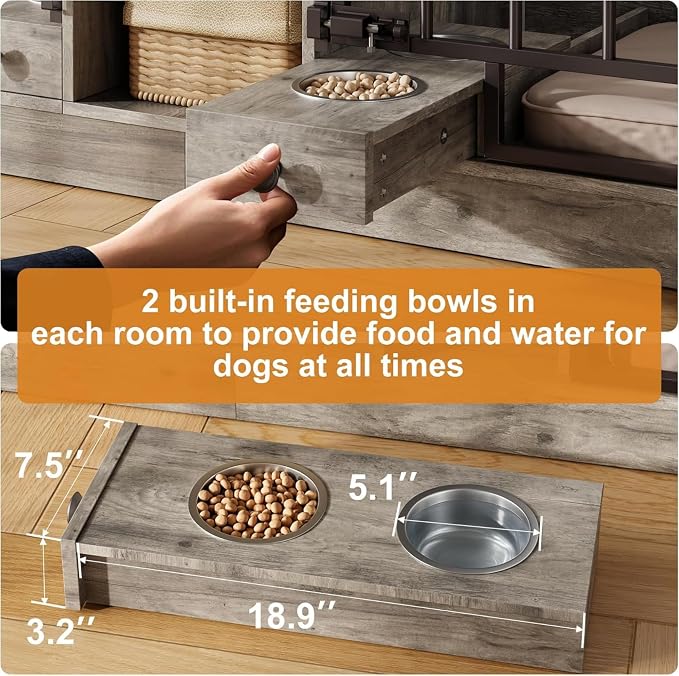 Dog Crate Furniture for 2 Dogs, Double Dog Crate TV Stand, Gray | 78.7'' Large Dog Kennel Indoor, 2 Storage Drawers, 3 Shelves and Feeding Bowls, Pet Kennel for Small and Medium Dogs
