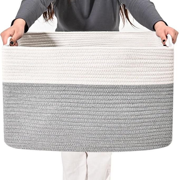ICERZCZ Large Blanket Basket Living Room, Rectangle Storage Basket, Large Basket for Blankets, Woven Cotton Rope Baskets for Storage Toy Dirty Clothes, 22”x17”x12”, White & Grey, 75L