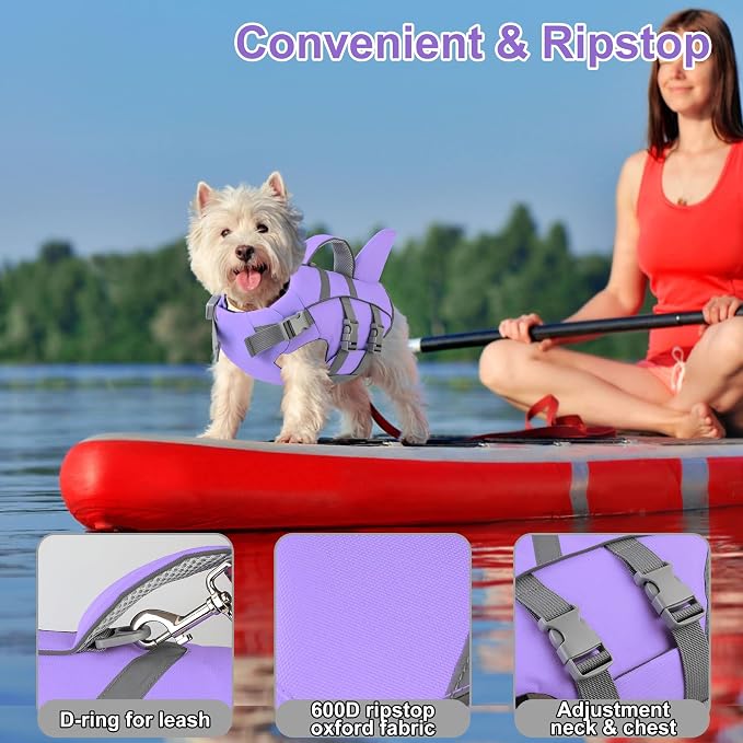 Dogcheer Swim Dog Life Jacket Shark, Life Vest for Dogs- Tar. Purple,XS | High Buoyancy, Harness-Style, Rescue Handle, Adjustable Fit, Reflective, Swimming & Boating, Puppy Small Medium Large Dogs