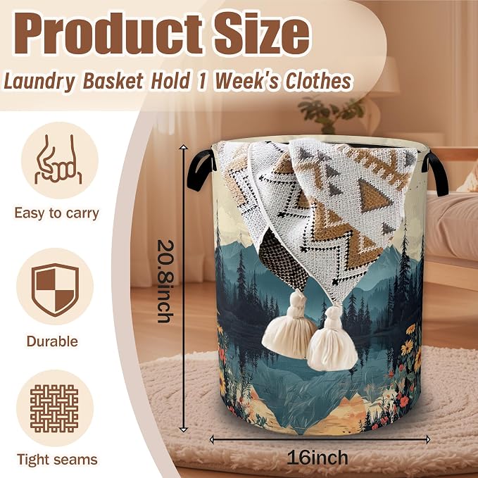 Mountain Sunset Lake Landscape Laundry Basket, Collapsible Waterproof Oxford Laundry Hamper with Handles, Clothes Storage Bin Toy Organizer for Bathroom/Bedroom/Dorm 16 x 20.8 Inch