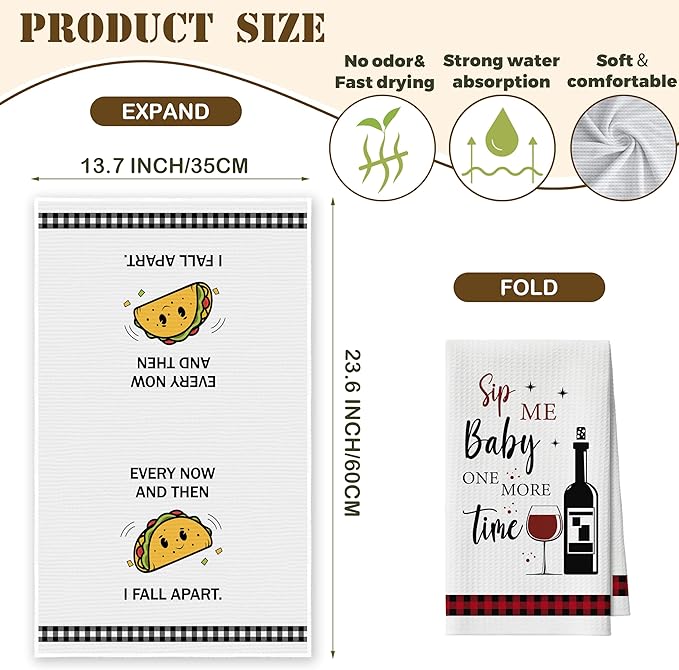 Kitchen Towels Set of 2, Tacos and Wine Dish Towel for Kitchen, Decorative Hand Towels for Bathroom, Fast Drying Tea Towel with Funny Sayings, Housewarming Xmas Gifts for Women Mom -B17