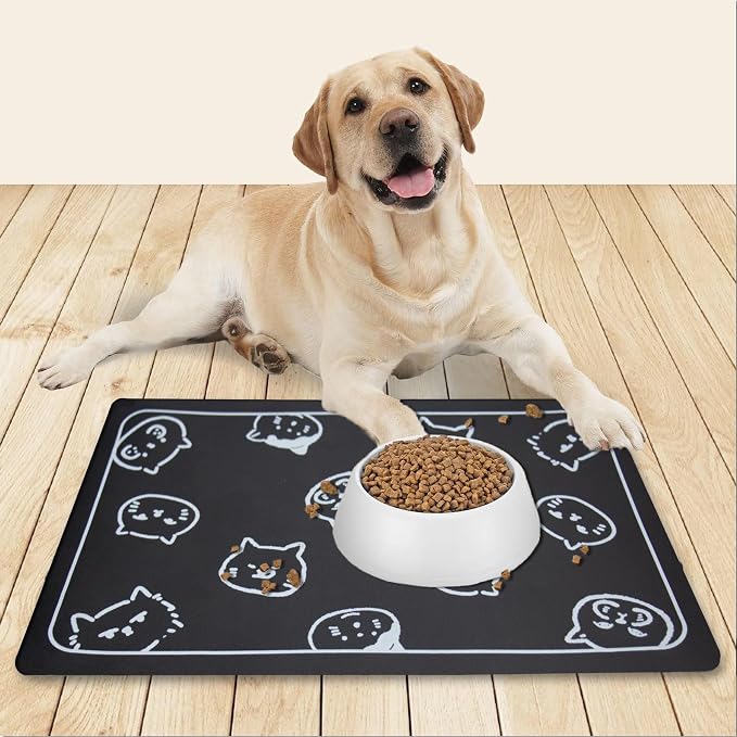 YCT Cat Food Mat for Pet Dog Feeting Mats, Cat Mat for Food and Water, Non-Slip Super Absorbent, with Multiple cat Heads Logo，18.1 x 11.8 inches, Dark Grey (Pack of 2)