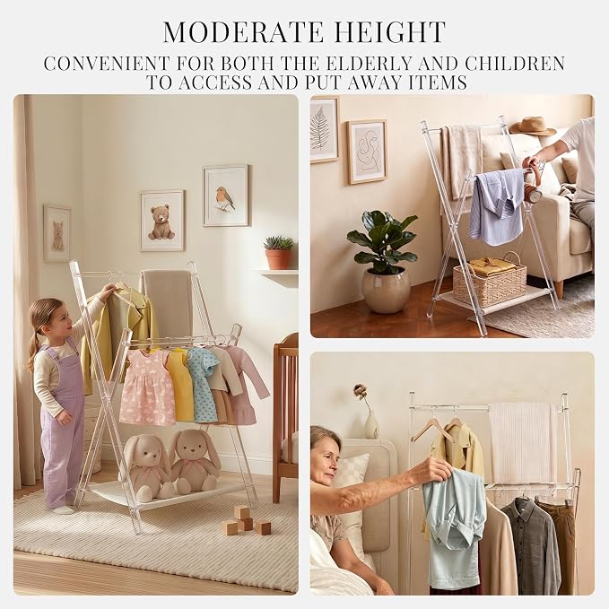 Acrylic Clothes Rack, Foldable Kids Clothing Rack,with Shelves Portable Coat Rack, Suitable for Entrance Hall, Bedroom, Living room, and Bathroom for Hanging Clothes of Babies and Pets.