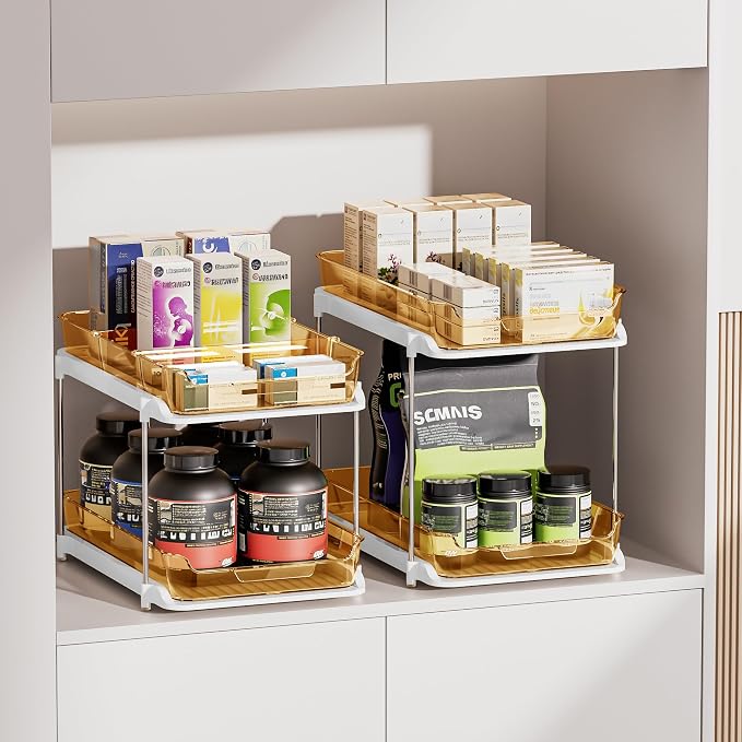 Delamu 2-Tier Multi-Purpose Bathroom Under Sink Organizers and Storage, Stackable Kitchen Pantry Organization, Pull Out Medicine Cabinet Organizer with Movable Dividers, Golden, 2 Pack