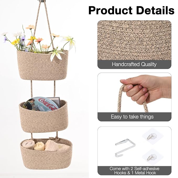 ICERZCZ Hanging Baskets for Organizing, Over the Door Decorative Storage Organizer, Nursery Decor Organization, 3-Tier Wall Basket for Entryway Playroom Bathroom Closet, Mixed Brown