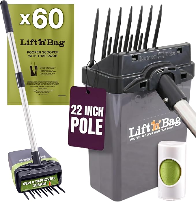 Neater Pet Brands Lift N’ Bag 2.0 Dog Pooper Scooper with Bag Attachment & 22" Pole for Small to Large Dogs, New & Improved Design, 60 Refill Bags, Heavy Duty Dog Poop Scooper for Yard, One-Hand Use