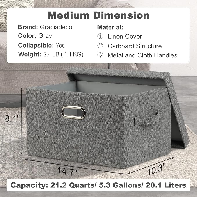 Graciadeco Medium 15" 21 Quart Collapsible Stackable Storage Bins with Lids, 5 Packs Grey Foldable Fabric Closet Boxes Heavy-duty Linen Cube Baskets Container for Bedroom Office (15 x 11 x 8) | 21 Quart 5 Pack Gray1 Collapsible Stackable Linen Fabric 4...