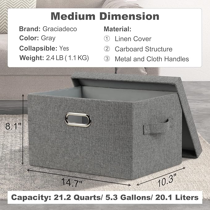 Graciadeco Medium 15" 21 Quart Collapsible Stackable Storage Bins with Lids, 3 Packs Grey Foldable Fabric Closet Boxes Heavy-duty Linen Cube Baskets Container for Bedroom Office (15 x 11 x 8) | 21 Quart 3 Pack Gray1 Collapsible Stackable Linen Fabric 4...