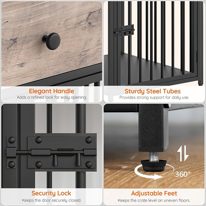 HOOBRO Dog Crate Furniture, Wooden Dog House, Decorative Dog Kennel with Drawer, Indoor Pet Crate End Table for Small Dog, Steel-Tube Puppy Cage, Chew-Proof, Greige BG01GW03
