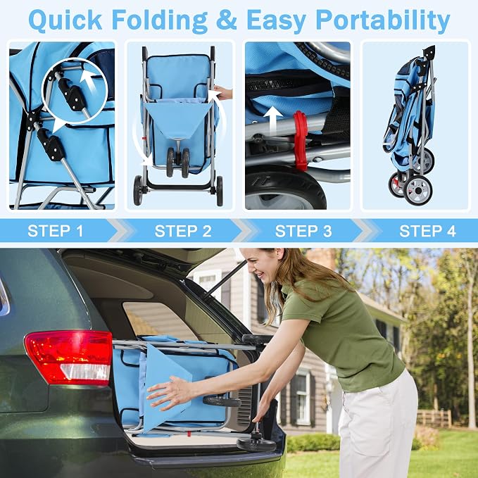 BLKMTY Folding Dog Stroller, 3 Wheels Pet Stroller, Foldable Cat Strollers Waterproof Travel Carrier Strolling Cart for Puppy Jogger with Cup Holder & Storage Basket, Blue