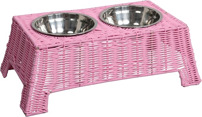 Serenity 6.9" Small Medium Elevated Wicker Pet Feeder with 2 Removable 18oz 2.2 Cup Stainless Steel Bowls Dishwasher Safe Food Water Station for Dogs Cats, Light Green DBL4000Y