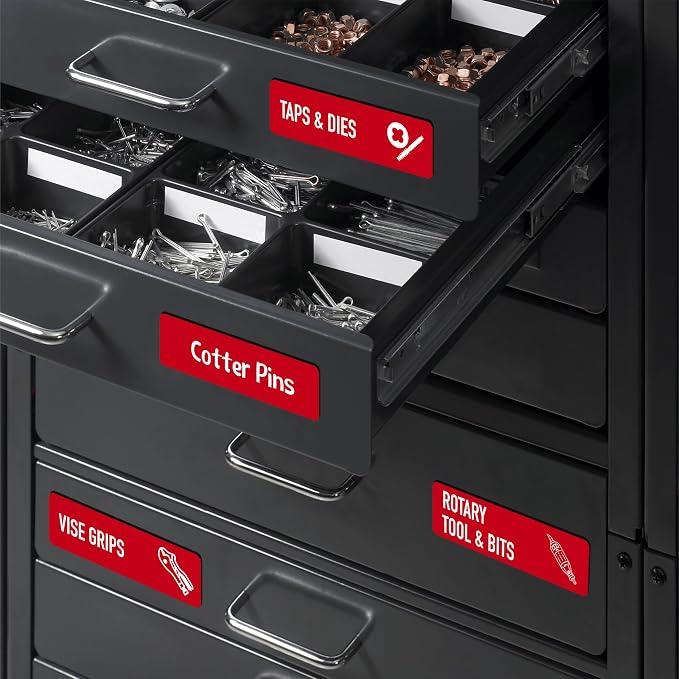 90 PCS Magnetic Toolbox Labels, 82 Pre-Printed & 8 Blanks Large Size Tool Chest Organizer Labels Strong Magnetic & Easy to Read Printing Fits All Brands of Steel Tool Box Drawers (Red, 3.5” x 1”)