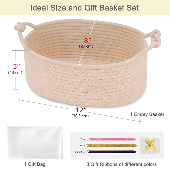 Small Empty Gift Basket with Bag & Ribbons, Beige | 12“x8”x5”, Cotton Rope Woven Basket for Birthdays, Baby Showers, Mother's Day, Christmas; Stores Small Items, Kids & Pet Toys