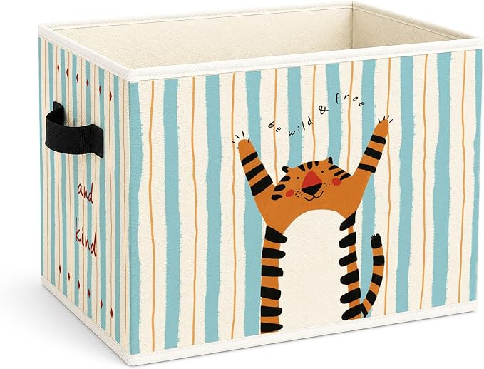 Tiger Storage Bin, Brave and Kind Blue Stripe Foldable Fabric Basket | Foldable tiger fabric organizer with Brave and Kind design for nursery, bedroom, playroom, toys, books, clothes