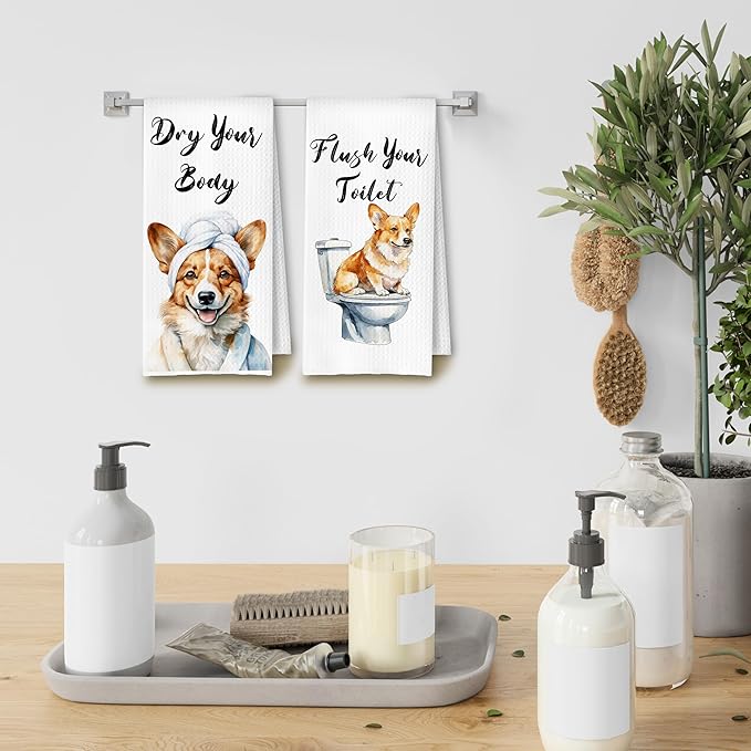 Funny Corgi Dog Hand Towels for Bathroom Washroom, Gifts for Corgi Lovers Women Men, Dog Bathroom Decor, 16x24 Inch Set of 4