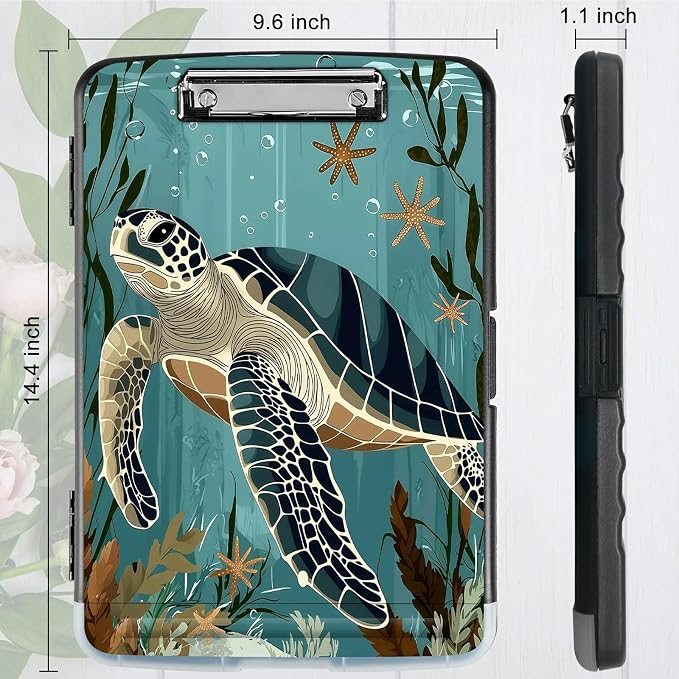 A4 Clipboard with Storage Pen Holder, Clipboards Organizer Nursing Clipboard Foldable File Folder Plastic Clipboard Folio Clip Board for Office Work Classroom Doctor, Retro Turtle Ocean