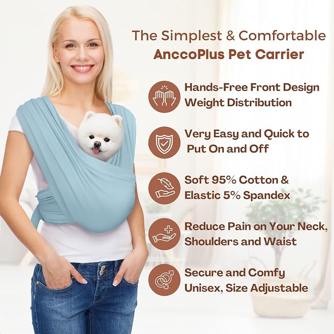 AnccoPlus Small Dog Sling Carrier, Hands-Free, Baby Blue, Plus | Patented Front Carrier Reduces Back and Neck Strain; Adjustable, Soft Cotton, 3D Air Mesh for Puppies & Cats up to 20 lb