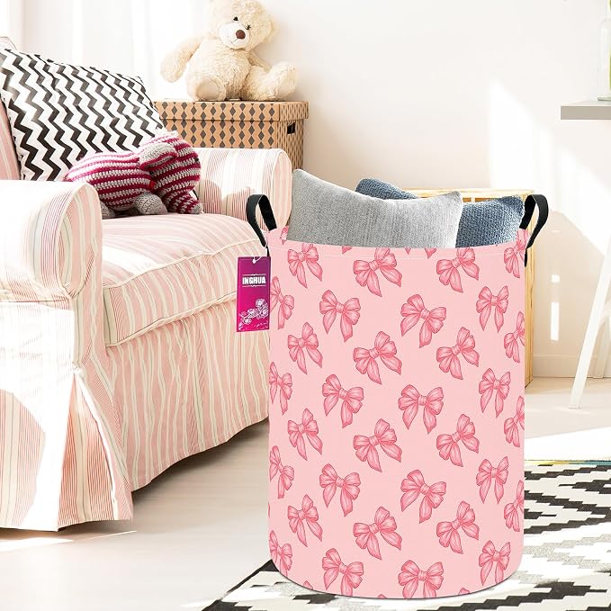 Laundry Hamper Large Canvas Fabric Storage Basket Pink bowknots | Organizer Bin Dirty Clothes Collapsible Waterproof for College Dorms, Boys and Girls Bedroom,Bathroom